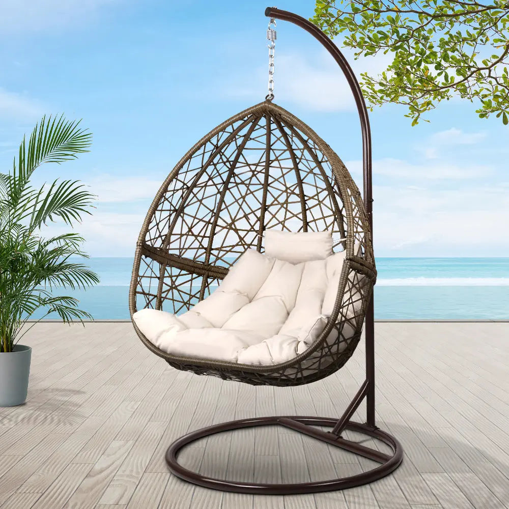 Gardeon Outdoor Egg Swing Chair Wicker Rattan Pod Stand Cushion Latte