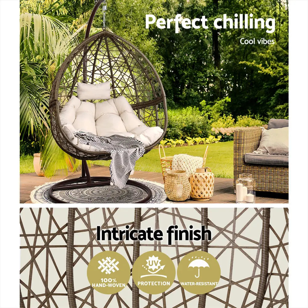 Gardeon Outdoor Egg Swing Chair Wicker Rattan Pod Stand Cushion Latte