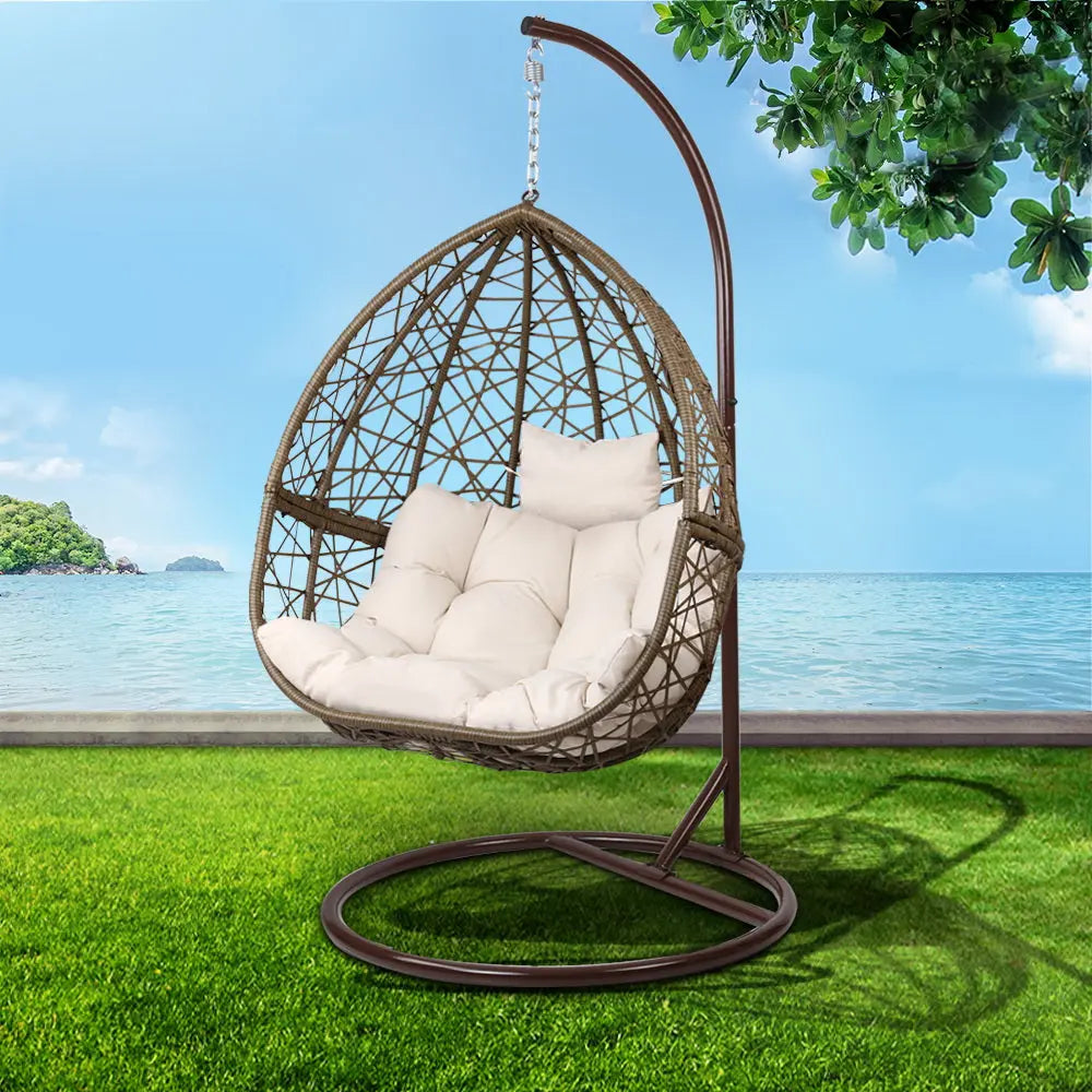 Gardeon Outdoor Egg Swing Chair Wicker Rattan Pod Stand Cushion Latte