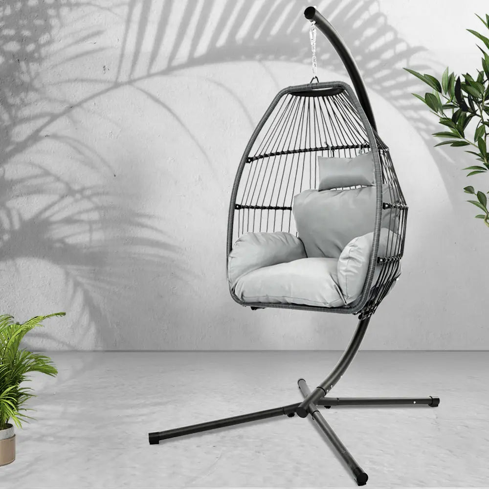 Gardeon Outdoor Egg Swing Chair Wicker Rope Pod Stand Cushion Grey