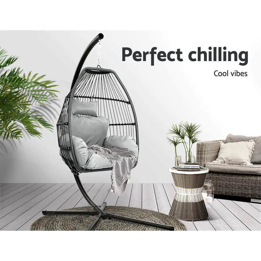 Gardeon Outdoor Egg Swing Chair Wicker Rope Pod Stand Cushion Grey