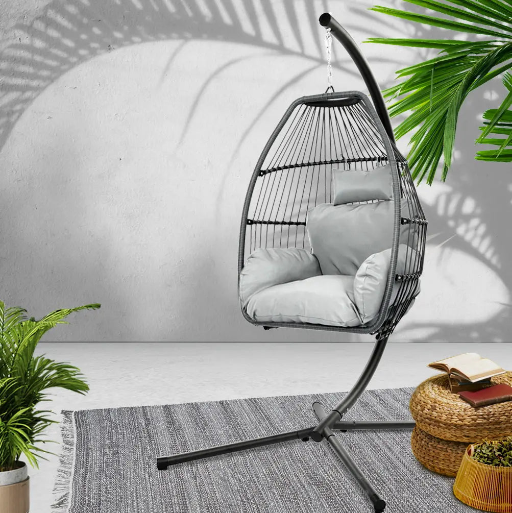 Gardeon Outdoor Egg Swing Chair Wicker Rope Pod Stand Cushion Grey