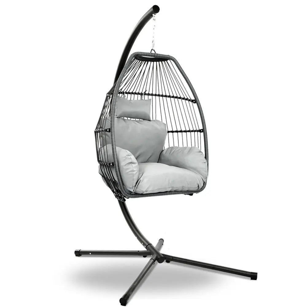 Gardeon Outdoor Egg Swing Chair Wicker Rope Pod Stand Cushion Grey