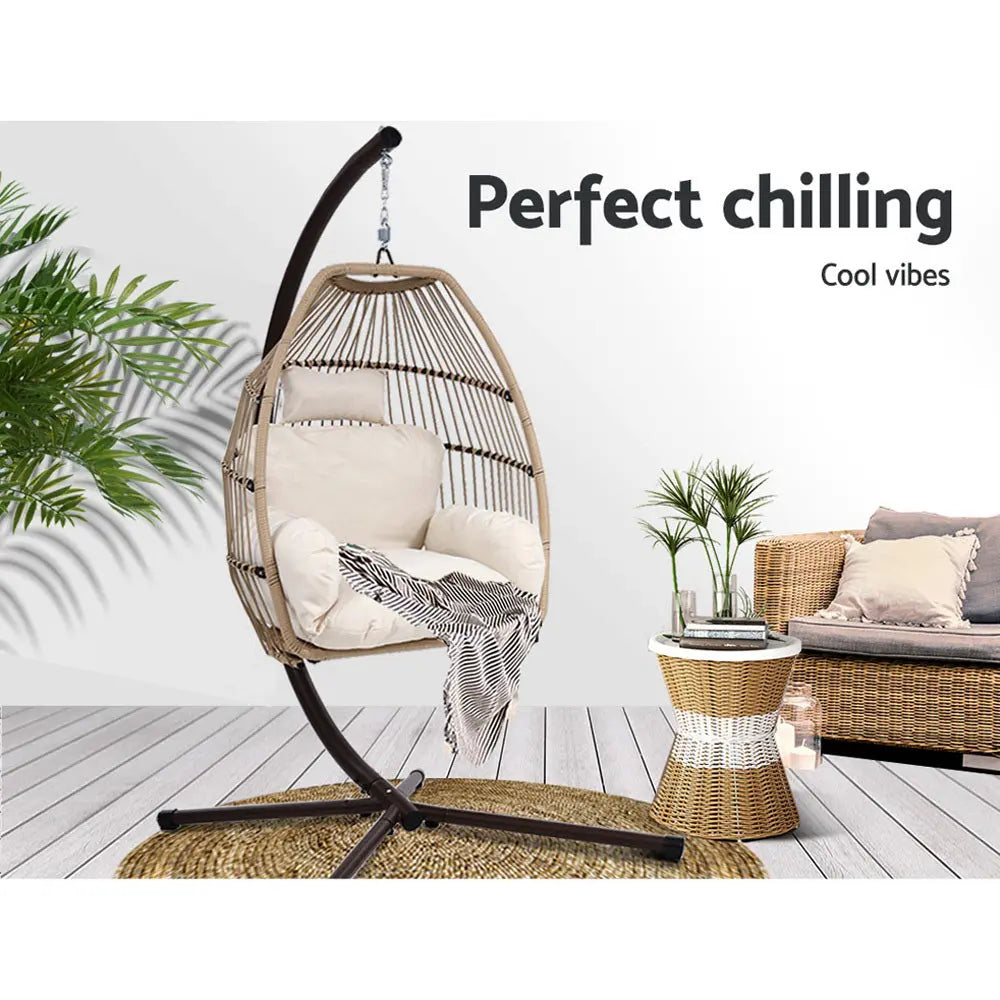 Gardeon Outdoor Egg Swing Chair Hanging Wicker Rope Pod Stand Cushion Latte