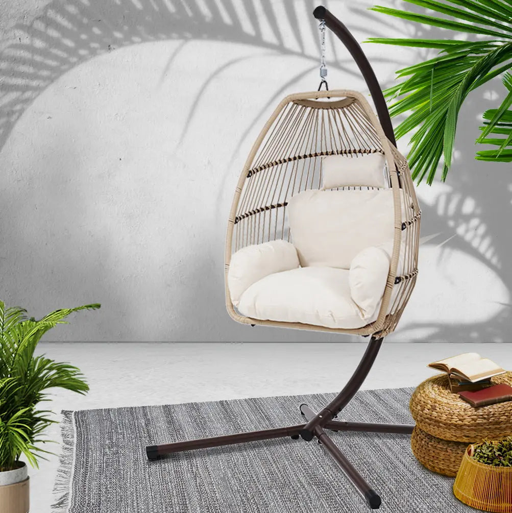 Gardeon Outdoor Egg Swing Chair Hanging Wicker Rope Pod Stand Cushion Latte