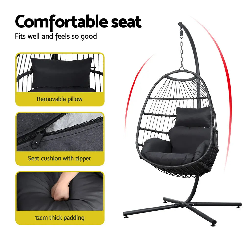 Gardeon Outdoor Egg Swing Chair Hanging Wicker Rope Pod Stand Foldable Grey