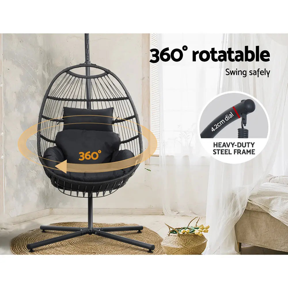Gardeon Outdoor Egg Swing Chair Hanging Wicker Rope Pod Stand Foldable Grey