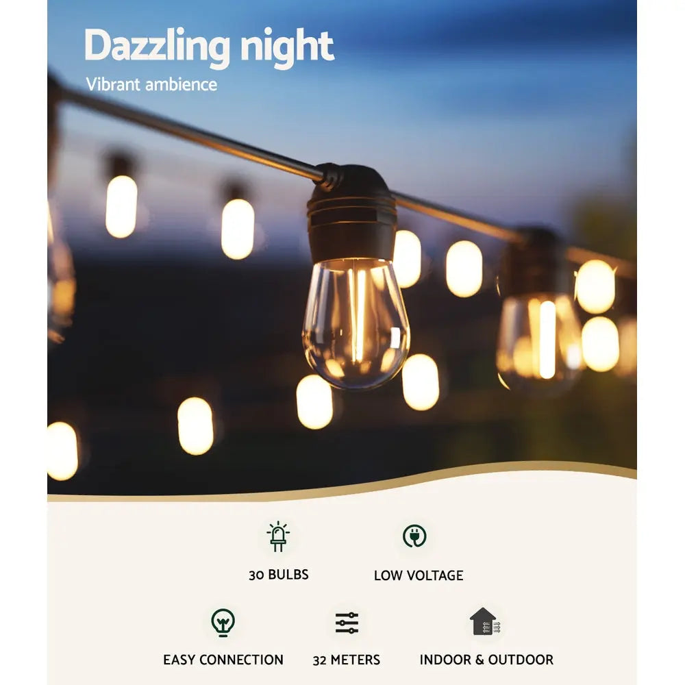 32m Solar Festoon Lights – Outdoor Garden, Wedding, Party, Christmas Decorations