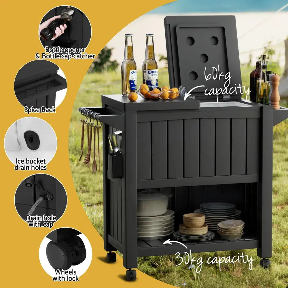 Gardeon Outdoor Storage Cabinet Box 80L Ice Bucket Cooler Rolling Serving Cart Kitchen Trolley - BBQ Backyard Supply Co