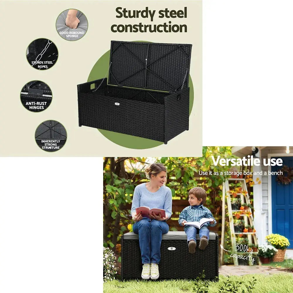 Gardeon Wicker Outdoor Storage Bench – 102L, Black - BBQ Backyard Supply Co