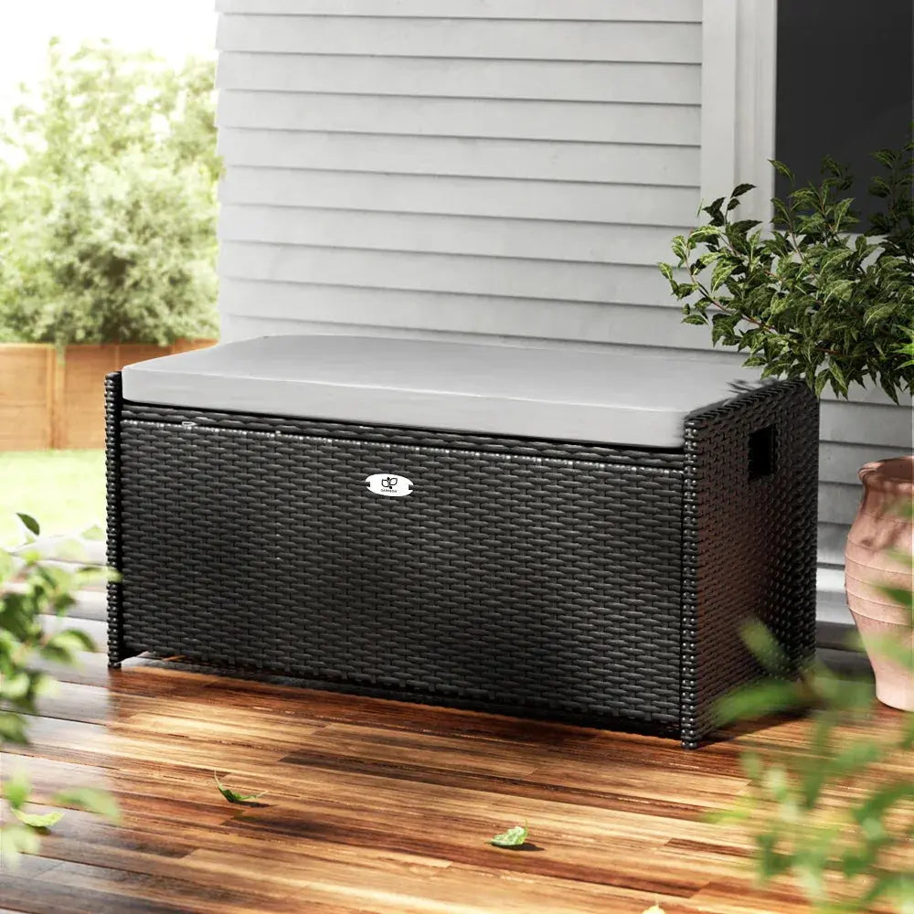 Gardeon Wicker Outdoor Storage Bench – 102L, Black - BBQ Backyard Supply Co
