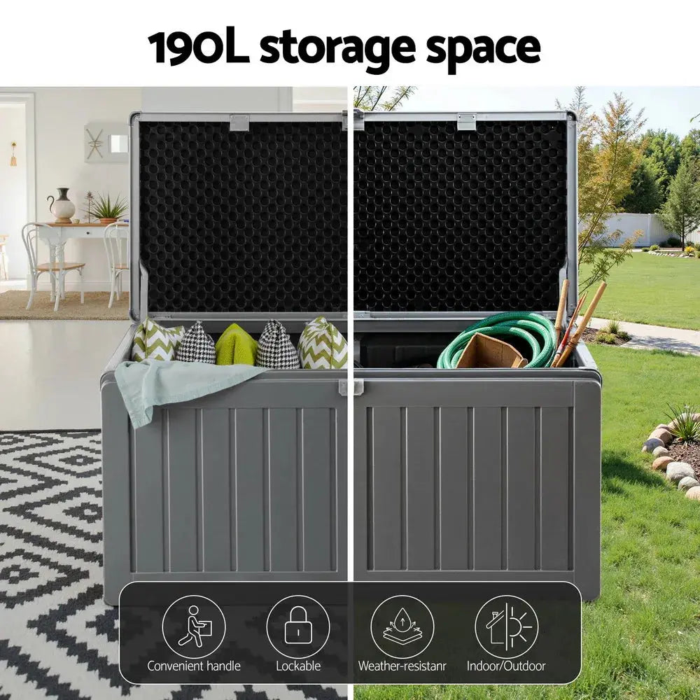 Gardeon 190L Outdoor Storage Box – Grey & Black, Weatherproof with Bench Seat - BBQ Backyard Supply Co