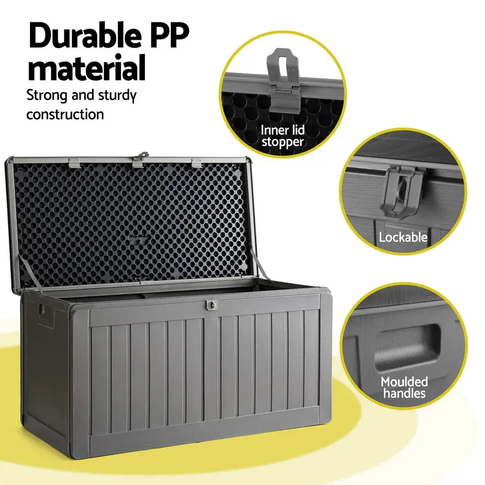 Gardeon 190L Outdoor Storage Box – Grey & Black, Weatherproof with Bench Seat - BBQ Backyard Supply Co