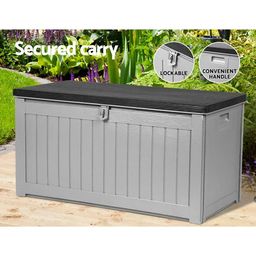 Gardeon 190L Outdoor Storage Box – Grey & Black, Weatherproof with Bench Seat - BBQ Backyard Supply Co