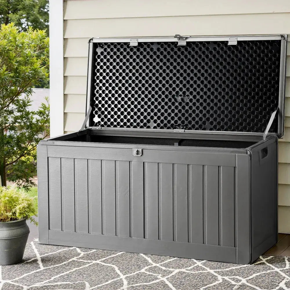 Gardeon 190L Outdoor Storage Box – Grey & Black, Weatherproof with Bench Seat - BBQ Backyard Supply Co