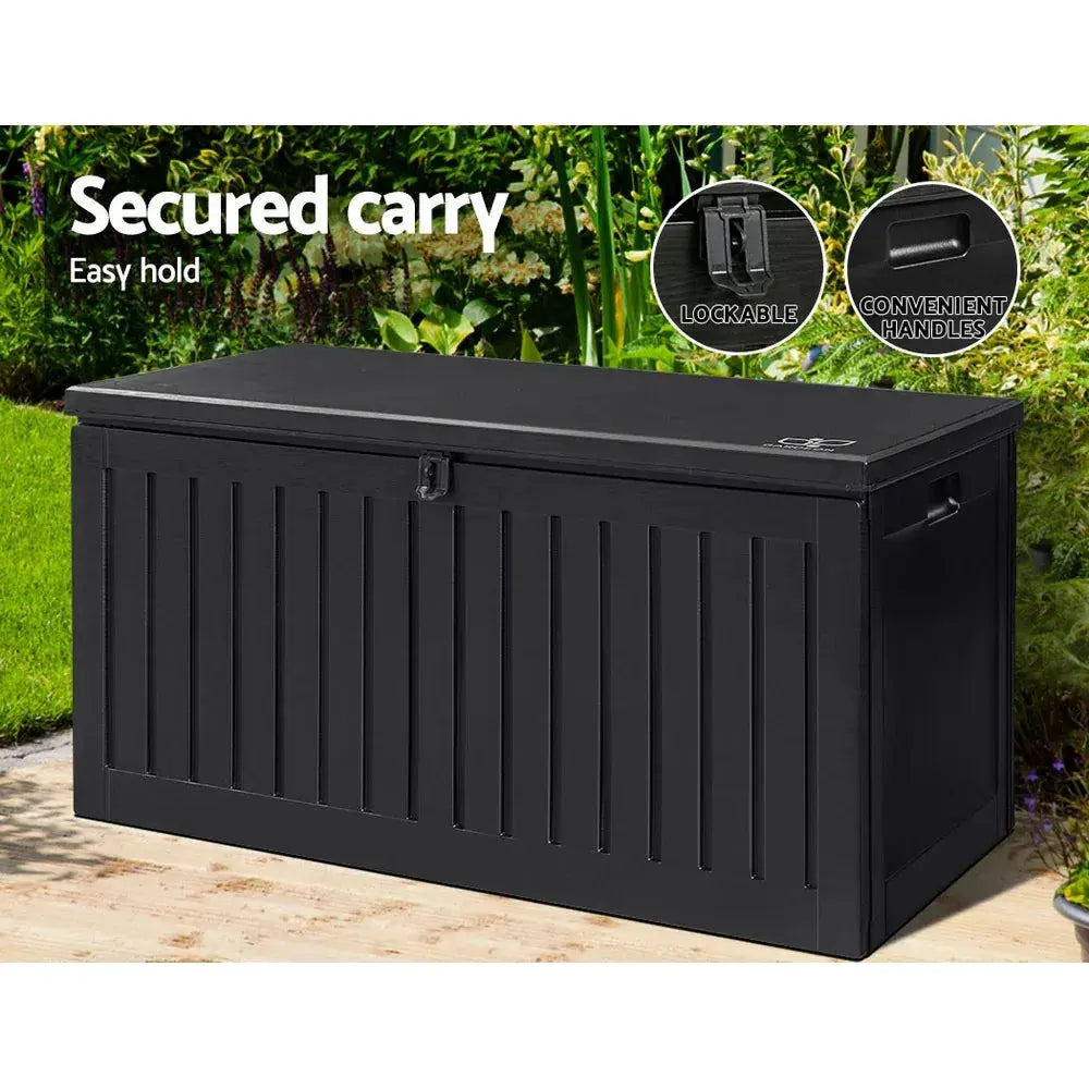 Gardeon 270L Outdoor Storage Box – Black, Lockable Bench Seat & Tool Shed - BBQ Backyard Supply Co