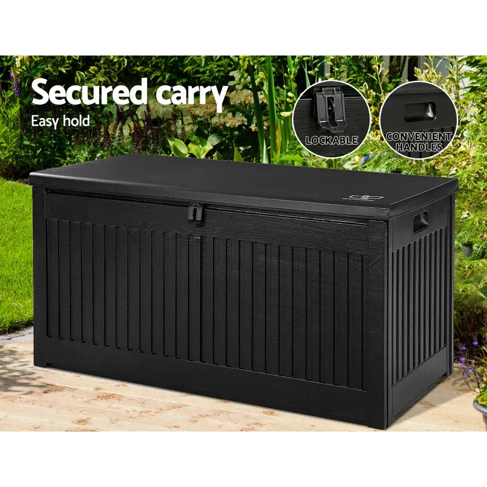 Gardeon 270L Outdoor Storage Box – Black, Lockable Bench Seat & Tool Shed - BBQ Backyard Supply Co