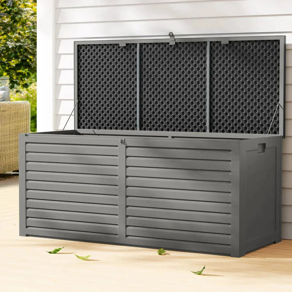 Gardeon 490L Outdoor Storage Box - Grey & Black, , Lockable Bench Seat - BBQ Backyard Supply Co