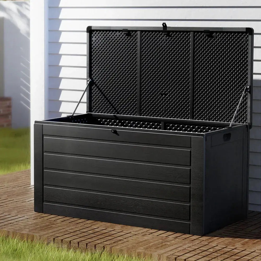 Gardeon 680L Outdoor Storage Box – All Black, Lockable Bench Seat & Heavy-Duty Garden Shed - BBQ Backyard Supply Co