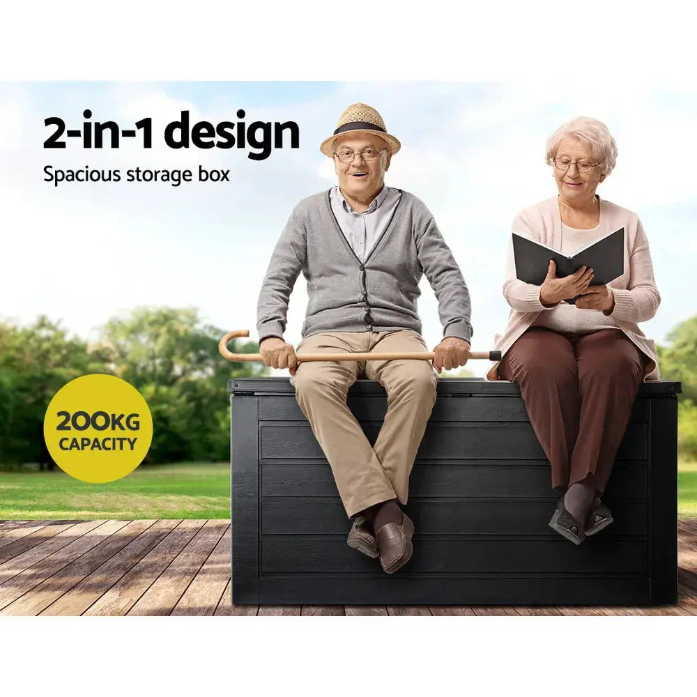 Gardeon 680L Outdoor Storage Box – All Black, Lockable Bench Seat & Heavy-Duty Garden Shed - BBQ Backyard Supply Co