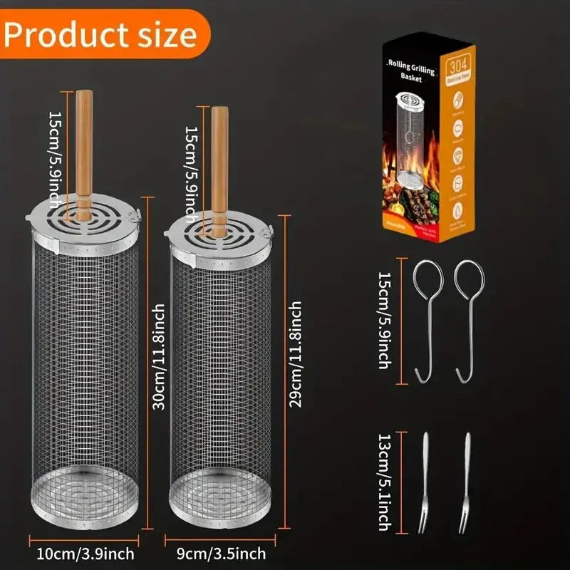 2-Pack Rotating Grill Baskets – 304 Stainless Steel - BBQ Backyard Supply Co