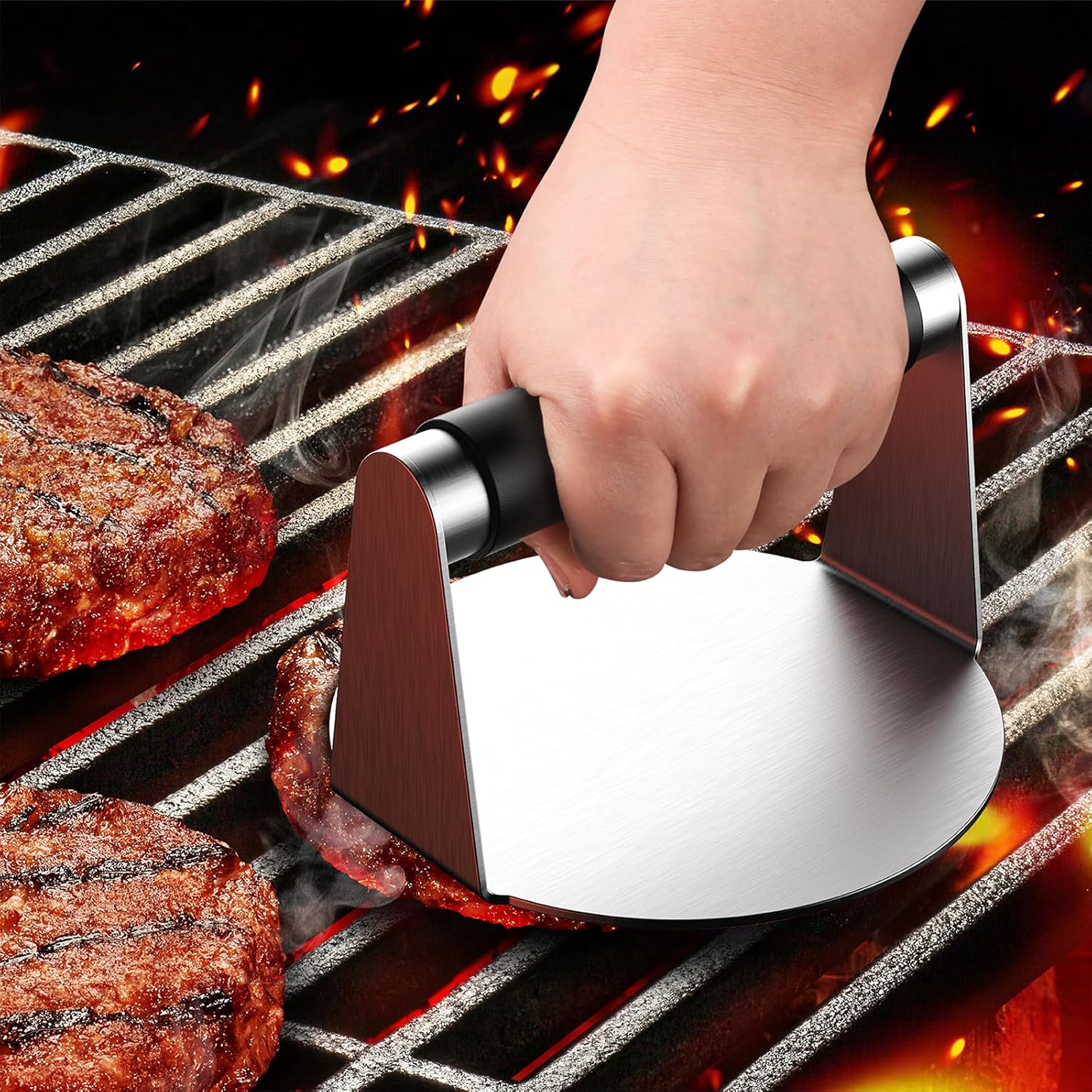 Smash Burger Press, Hamburger Smasher Tool for Griddle, Stainless Steel Ham Patty Press with Anti-Scald Handle, 5.5" Non Stick Grill Press for Smashburger, Bacon, Ground Beef, Meat, Sausage