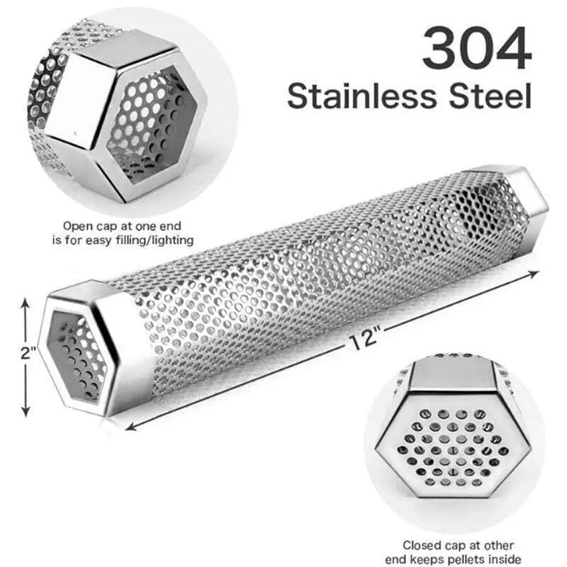 Hexagon Bbq Smoker Tube Stainless Steel Grill Accessory Smoking Box Long Lasting - 12Inch - BBQ Backyard Supply Co
