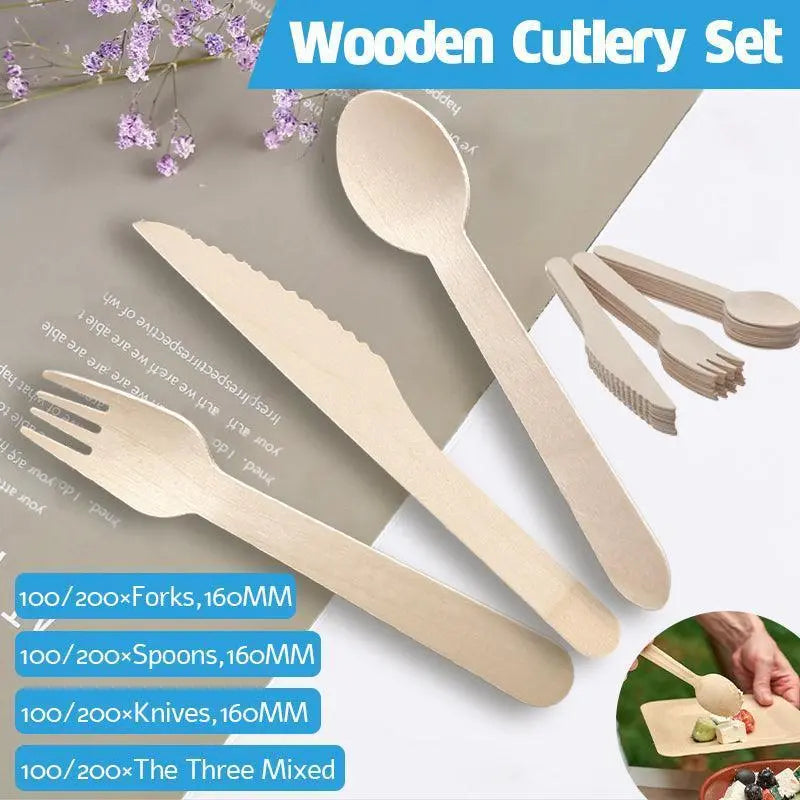 Wooden Cutlery Set Disposable Bamboo - 100PCS Knives - BBQ Backyard Supply Co