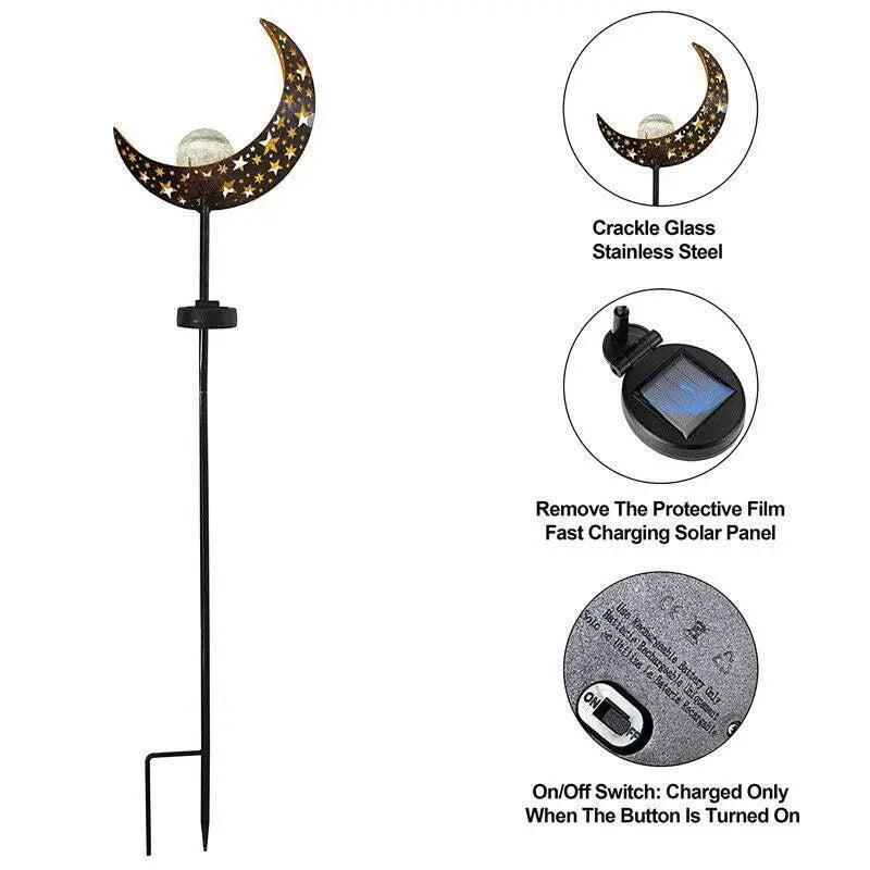 Solar Moon Garden Path Light – Outdoor LED Lantern, IP55 Waterproof, Auto Sensor, Amber Crackle Glass - BBQ Backyard Supply Co