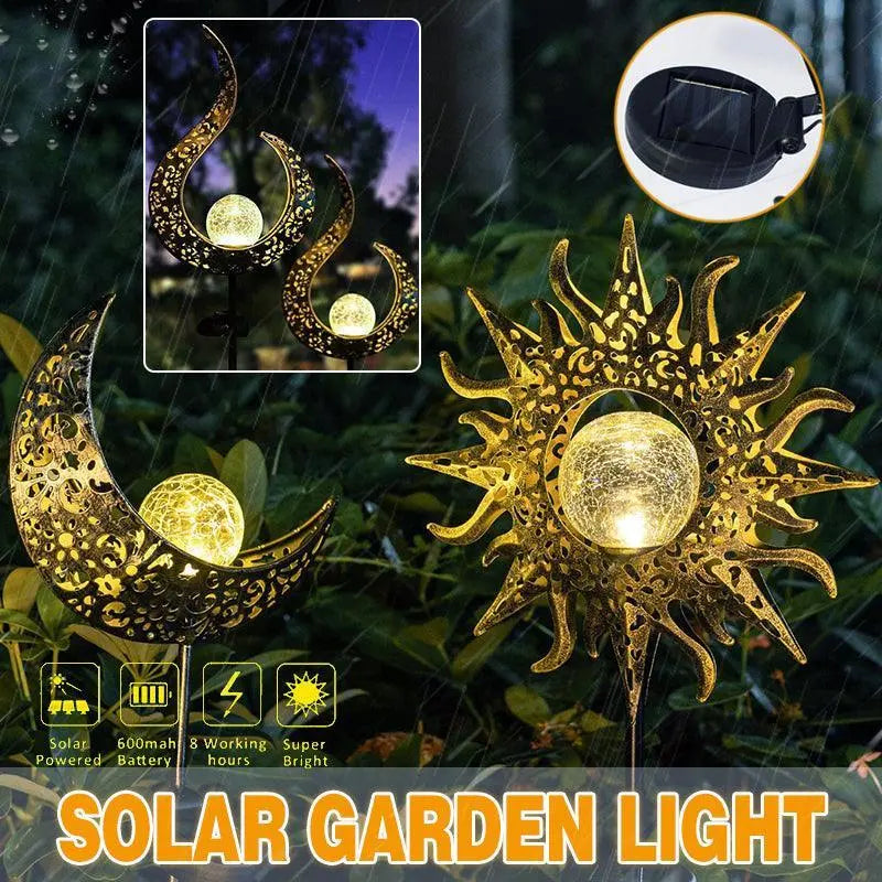 Solar Sun Garden Path Light – Outdoor LED Lantern, IP55 Waterproof, Auto Sensor, Amber Crackle Glass - BBQ Backyard Supply Co