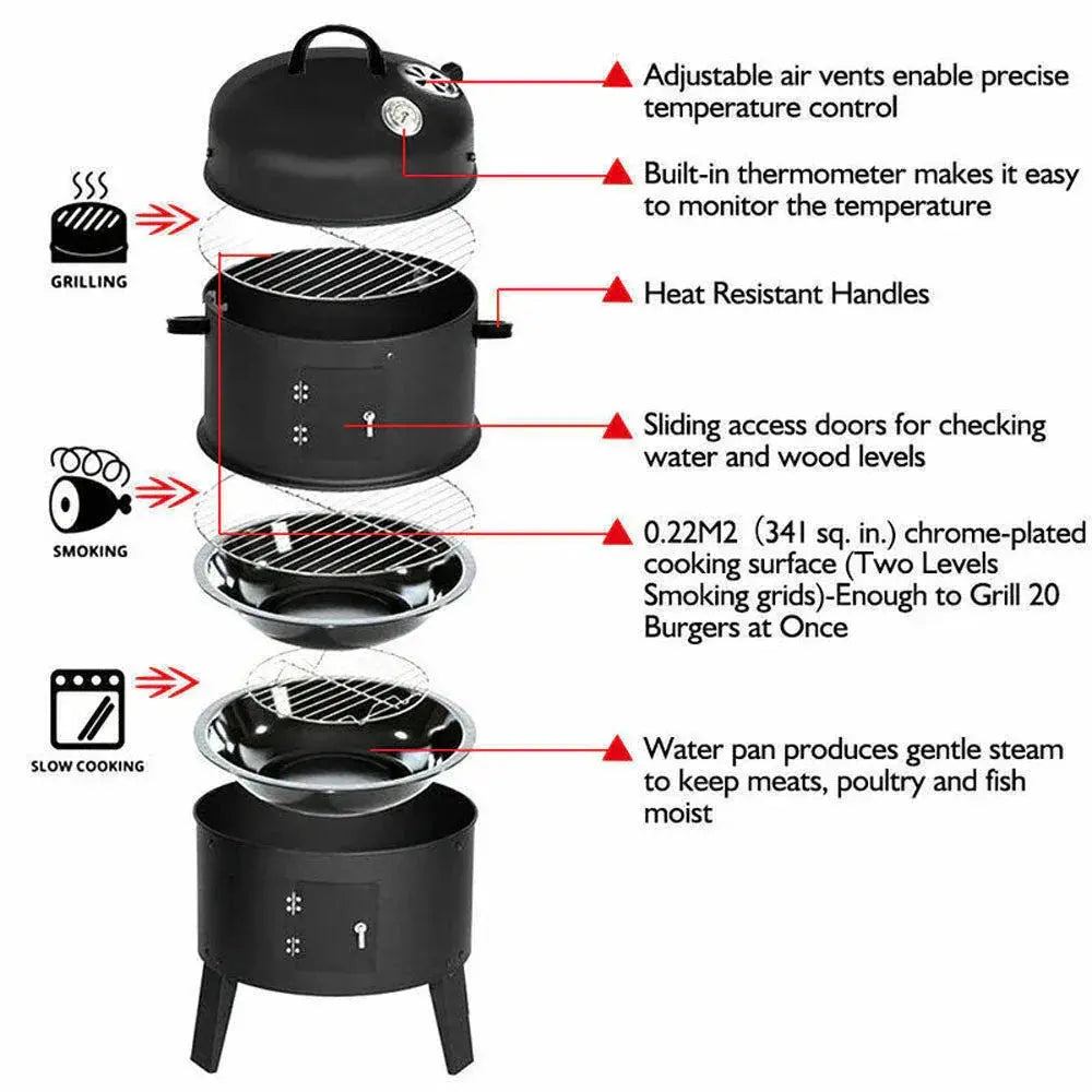 3‑in‑1 Portable Charcoal Vertical Smoker BBQ Roaster Grill - BBQ Backyard Supply Co