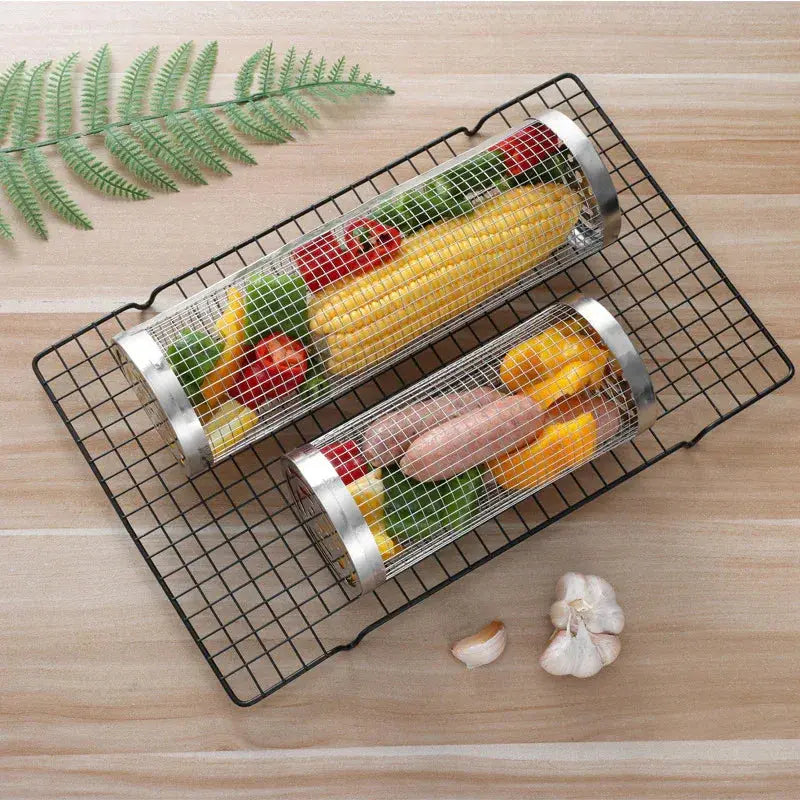 2 Pcs Size L Stainless Steel Rolling BBQ Grill Basket Cylindrical Grilling Cage (304 Food‑Grade) - BBQ Backyard Supply Co
