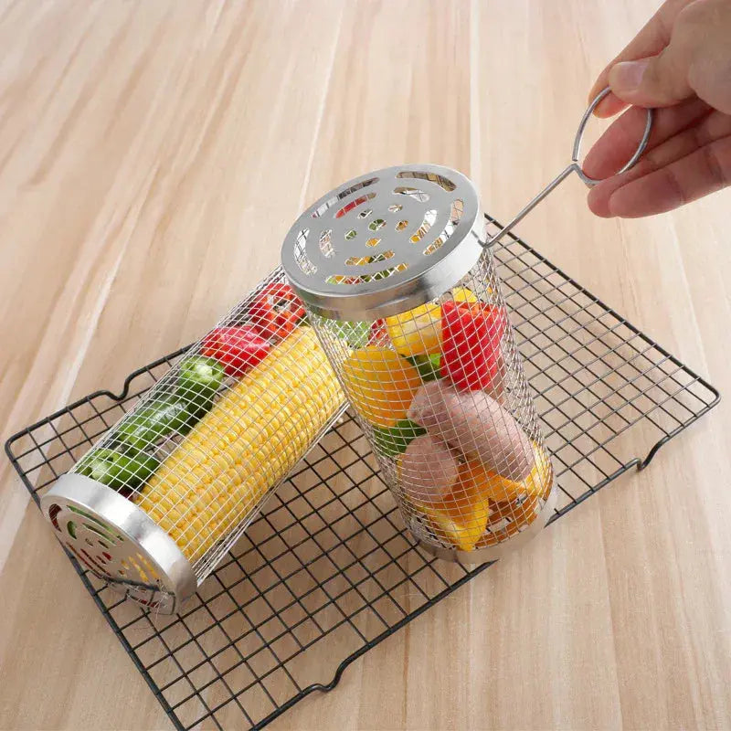 2 Pcs Size L Stainless Steel Rolling BBQ Grill Basket Cylindrical Grilling Cage (304 Food‑Grade) - BBQ Backyard Supply Co