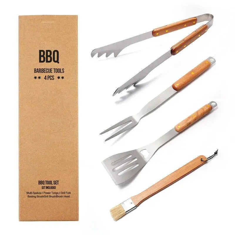 Premium 4-Piece BBQ Tool Set with Rubberwood Handles - Kraft Box - BBQ Backyard Supply Co