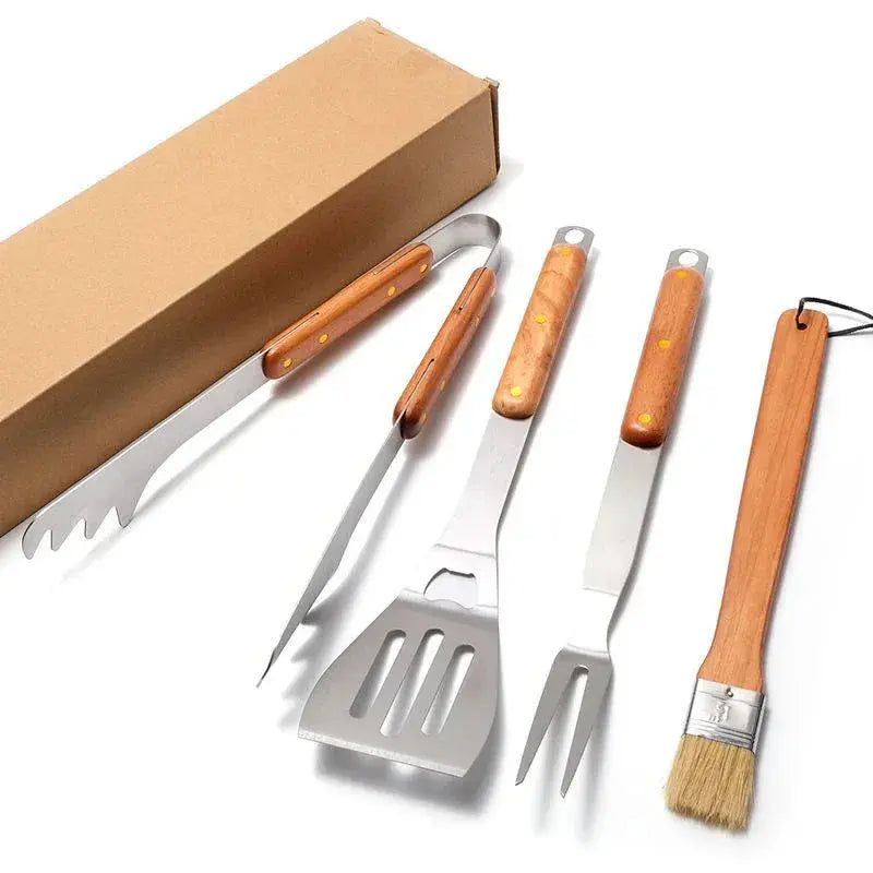 Premium 4-Piece BBQ Tool Set with Rubberwood Handles - Kraft Box - BBQ Backyard Supply Co