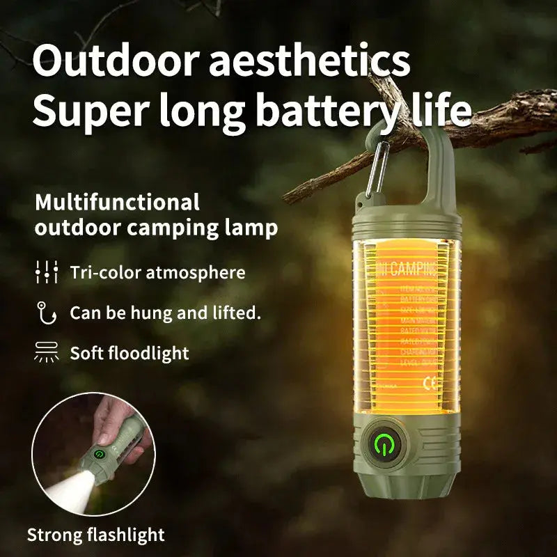 Tri-Color Camping Lantern & Flashlight – Rechargeable, 360° Ambient Light, Hook Design (Khaki) - BBQ Backyard Supply Co