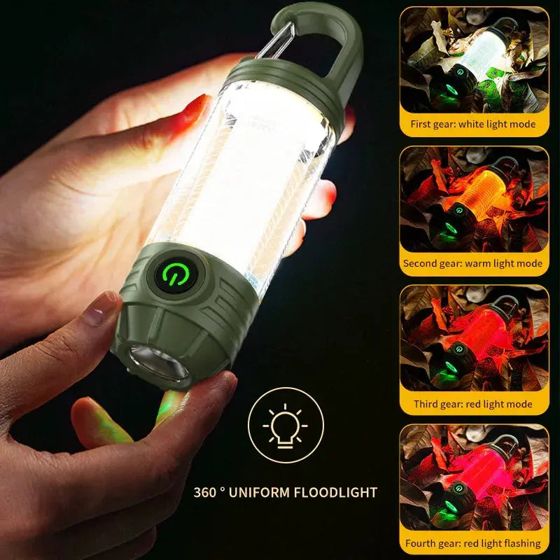 Tri-Color Camping Lantern & Flashlight – Rechargeable, 360° Ambient Light, Hook Design (Khaki) - BBQ Backyard Supply Co