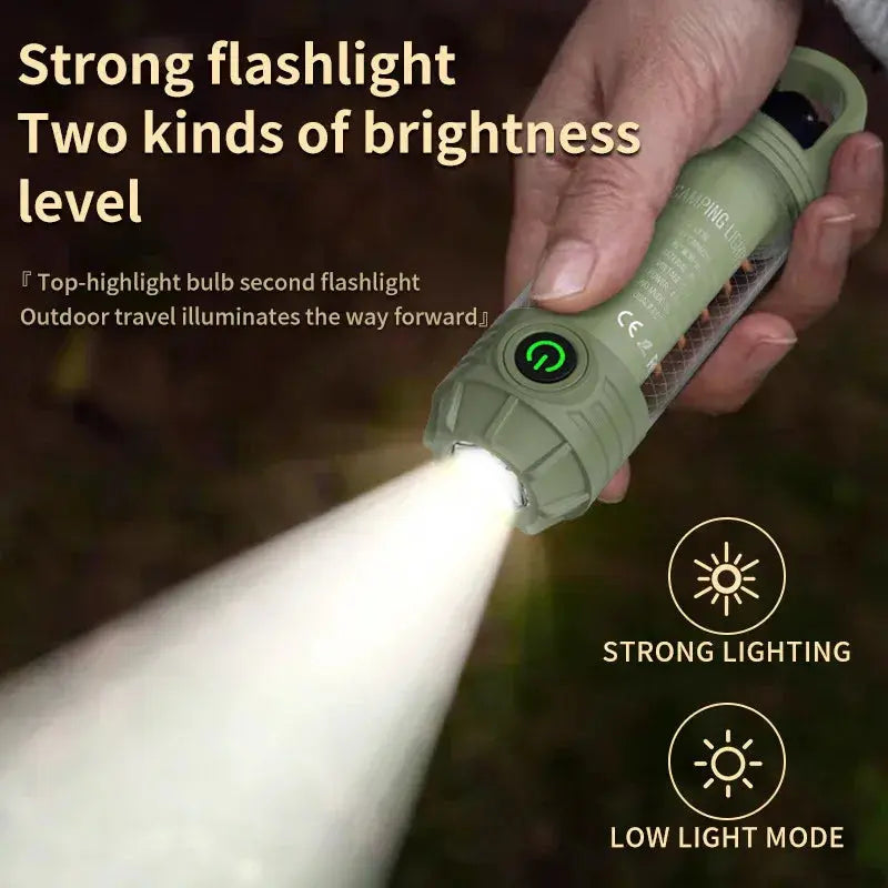 Tri-Color Camping Lantern & Flashlight – Rechargeable, 360° Ambient Light, Hook Design (Khaki) - BBQ Backyard Supply Co