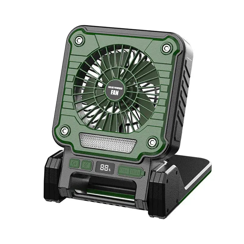 Solar & USB Rechargeable Camping Fan with LED Light – Portable Power Bank, 180° Collapsible (Green) - BBQ Backyard Supply Co