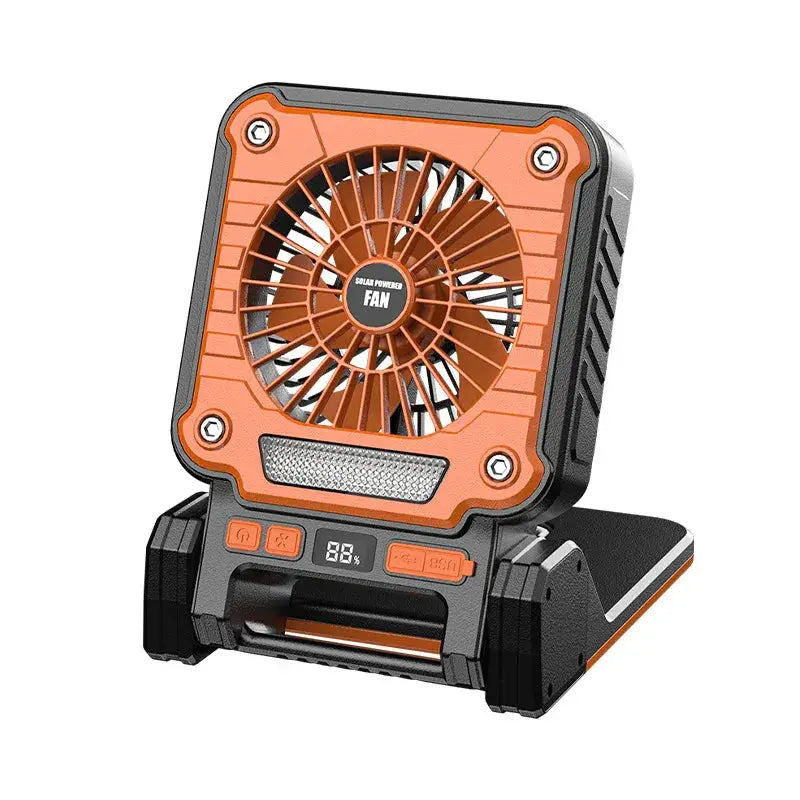 Solar & USB Rechargeable Camping Fan with LED Light – Portable Power Bank, 180° Collapsible (Orange) - BBQ Backyard Supply Co