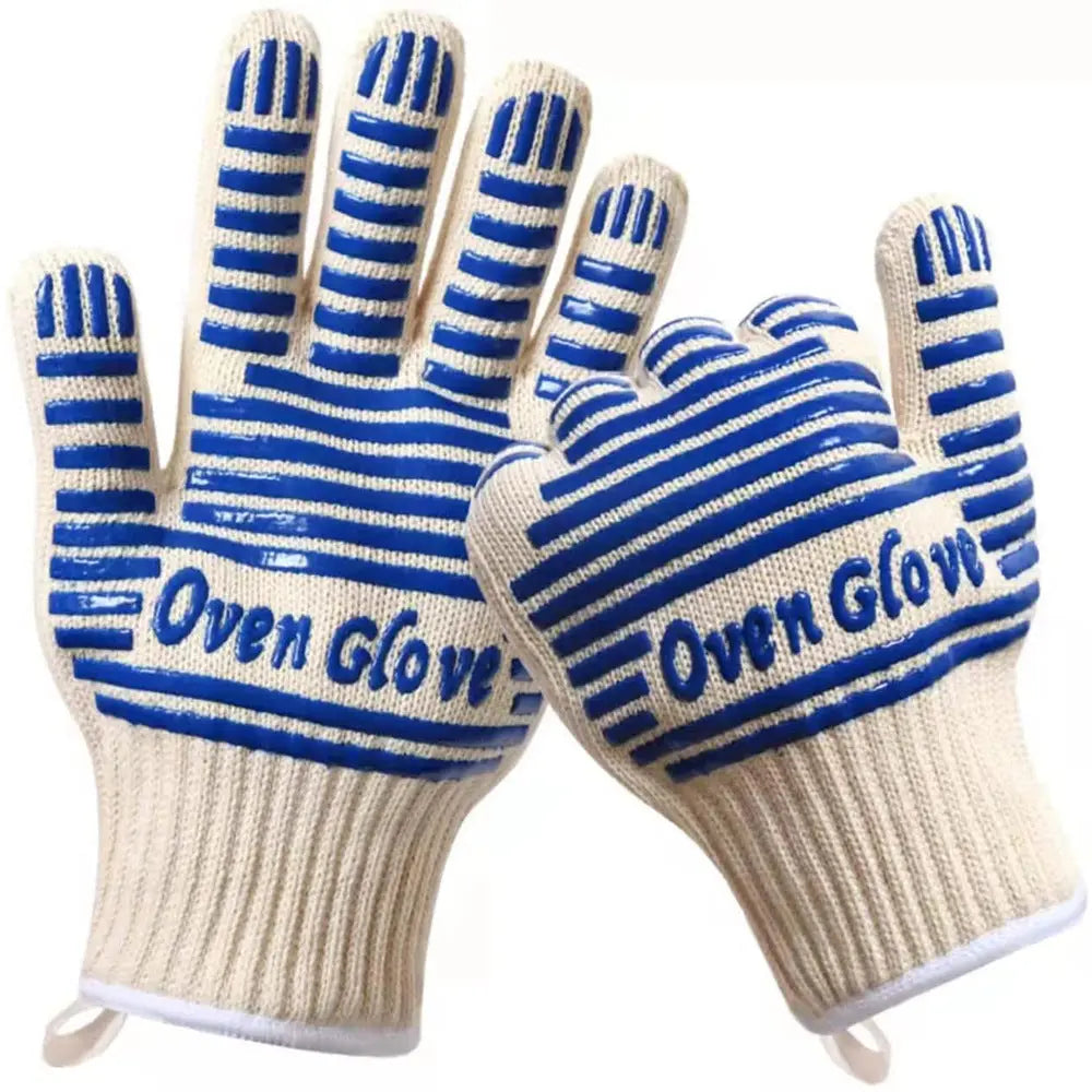 Blue and White Extreme Heat Resistant BBQ Gloves - Cut-Resistant Oven Mitts with Non-Slip Silicone Grip BBQ Backyard Supply Co