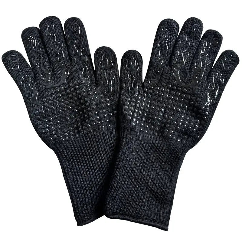 Black Flame Pattern Extreme Heat Resistant BBQ Gloves - 500°C Flame Design Oven Gloves with Non-Slip Silicone Grip BBQ Backyard Supply Co