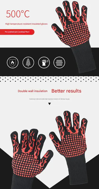 Black Flame Pattern Extreme Heat Resistant BBQ Gloves - 500°C Flame Design Oven Gloves with Non-Slip Silicone Grip BBQ Backyard Supply Co