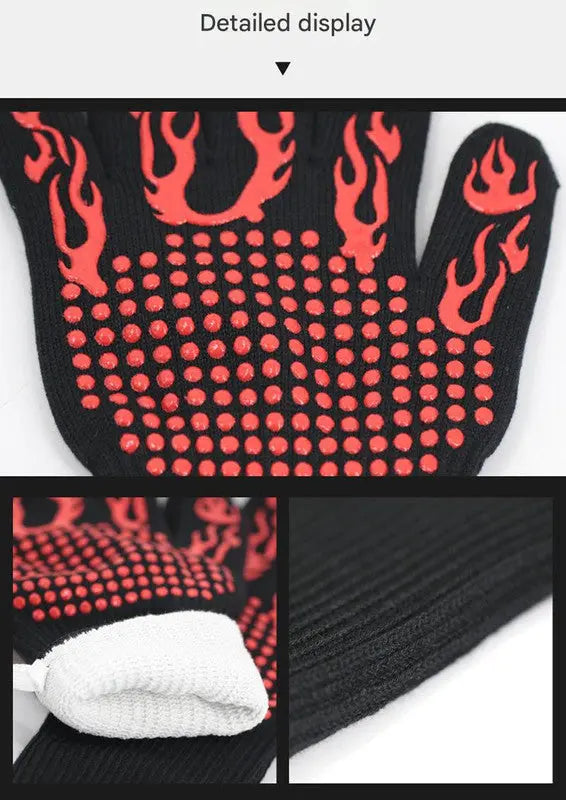 Black Flame Pattern Extreme Heat Resistant BBQ Gloves - 500°C Flame Design Oven Gloves with Non-Slip Silicone Grip BBQ Backyard Supply Co