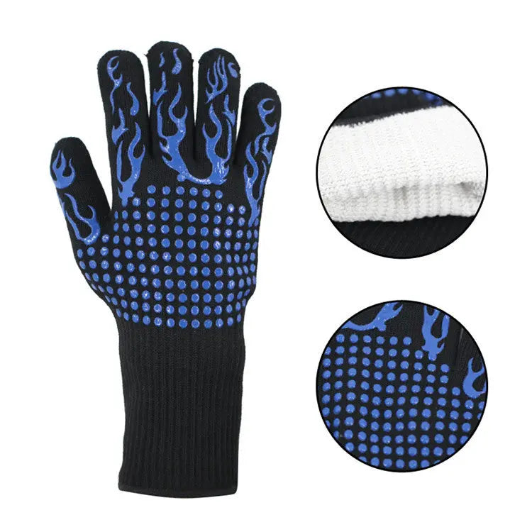 Blue Flame Pattern Extreme Heat Resistant BBQ Gloves - 500°C Flame Design Oven Gloves with Non-Slip Silicone Grip BBQ Backyard Supply Co