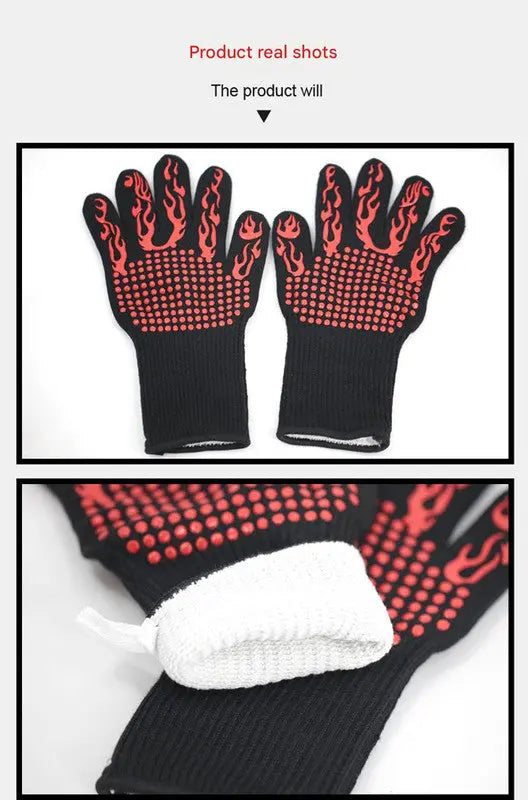 Blue Flame Pattern Extreme Heat Resistant BBQ Gloves - 500°C Flame Design Oven Gloves with Non-Slip Silicone Grip BBQ Backyard Supply Co