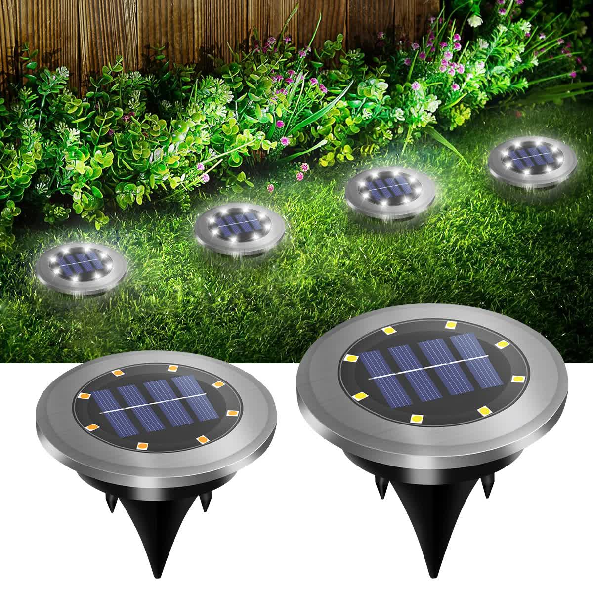 4‑Pack Solar LED In‑Ground Warm Yellow Light Set - Stainless Steel Waterproof Outdoor Garden Pathway and Landscape Spike Lamps