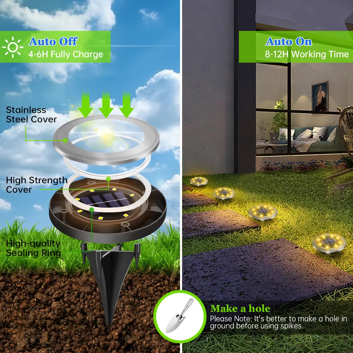4‑Pack Solar LED In‑Ground Warm Yellow Light Set - Stainless Steel Waterproof Outdoor Garden Pathway and Landscape Spike Lamps