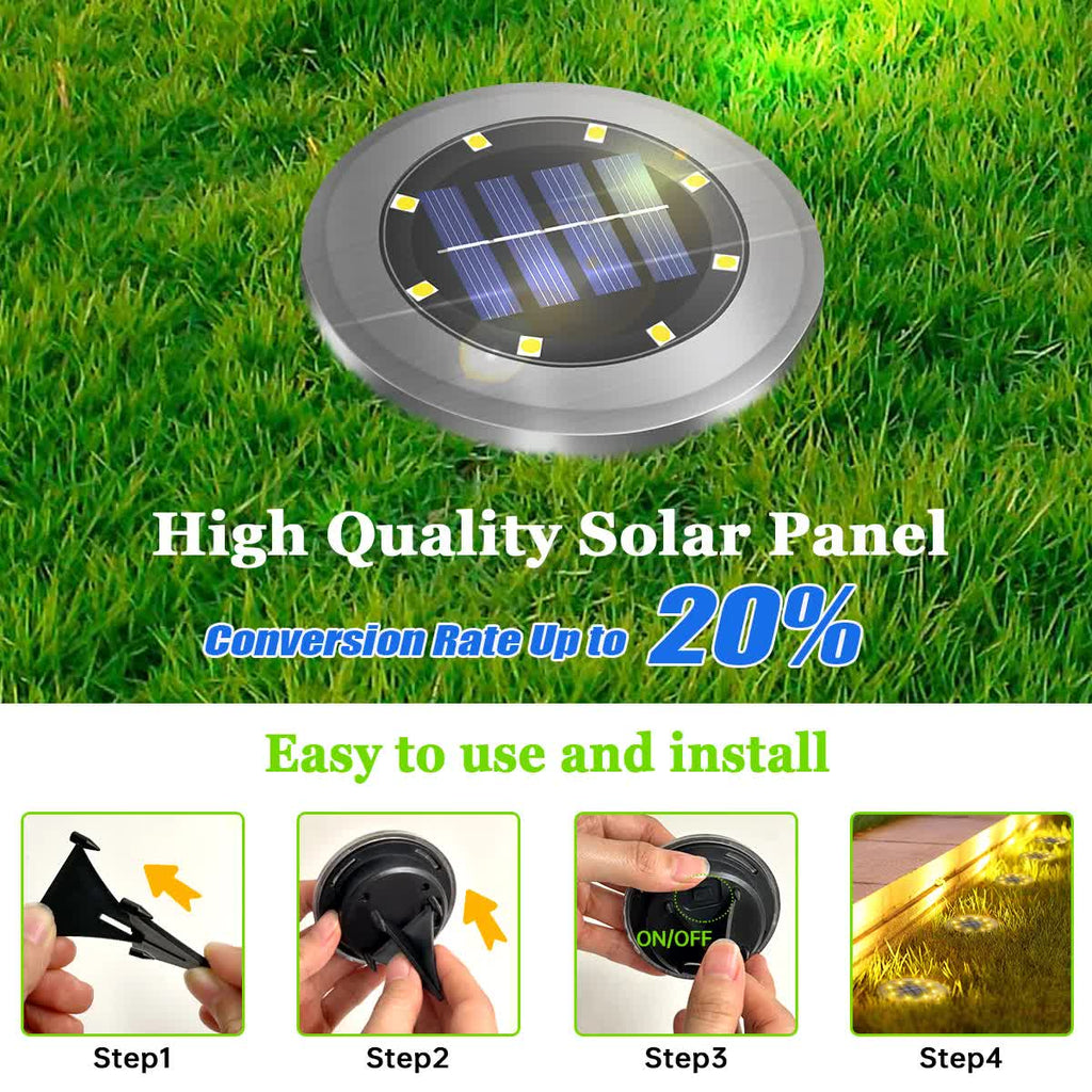 4‑Pack Solar LED In‑Ground Warm Yellow Light Set - Stainless Steel Waterproof Outdoor Garden Pathway and Landscape Spike Lamps