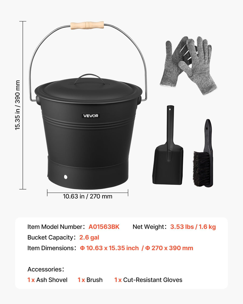 Ash Bucket, 4 PCS with Lid, Shovel, Broom and Gloves, Metal Fireplace Charcoal Bucket and Ash Can, 9.8L Large Capacity for Fireplace, Fire Pits, Wood Burning Stoves, Indoor and Outdoor